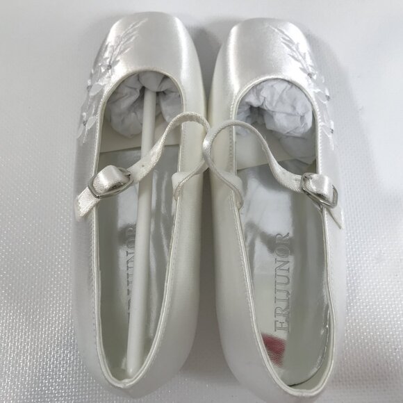 Girls Satin Shoes White 1.5 Communion Bridal Shoes Floral Rhinestone Ankle Strap - Picture 8 of 13